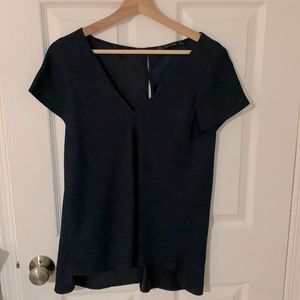 Navy Zara Short Sleeve V Neck Blouse with Key Hole Detail Down Back
